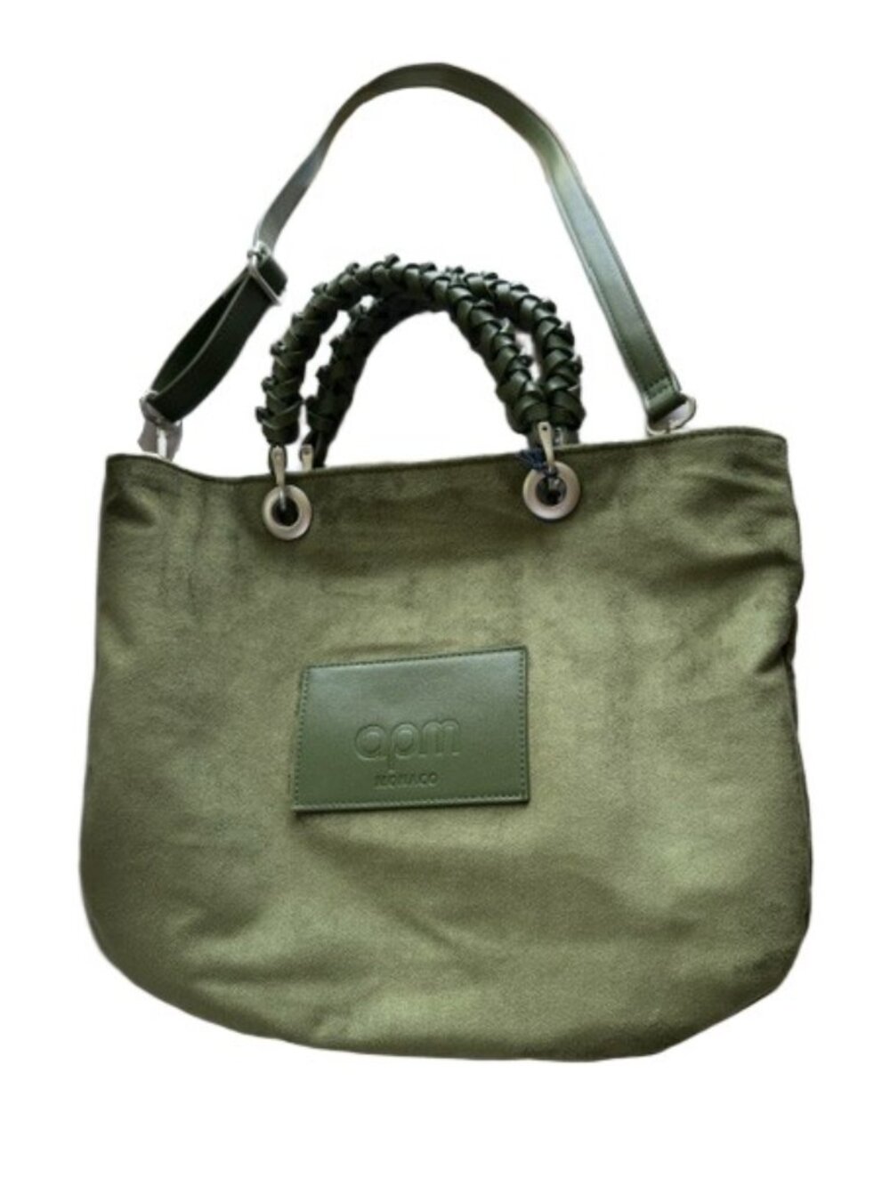 APM Monaco Olive Green Faux Suede Tote Bag NWT Braided Handles Crossbody Strap
